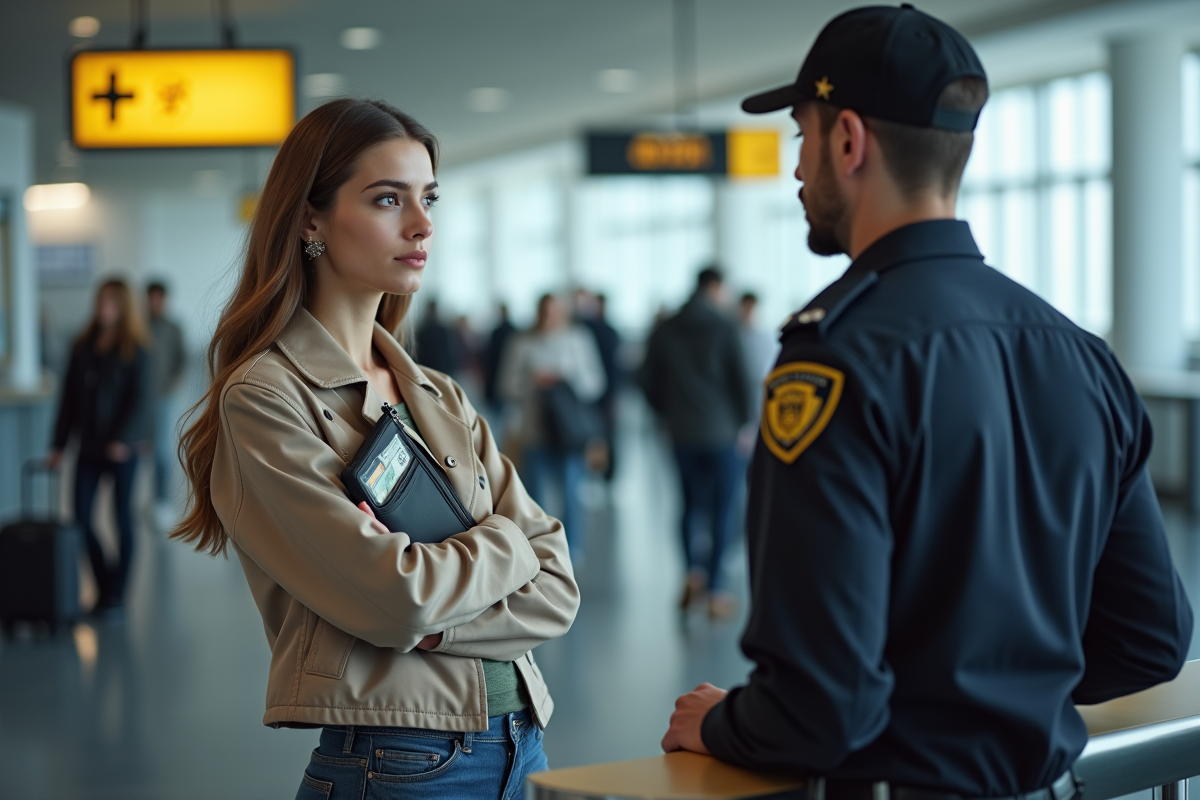 Jeune femme au contrôle douane avec un porte-monnaie