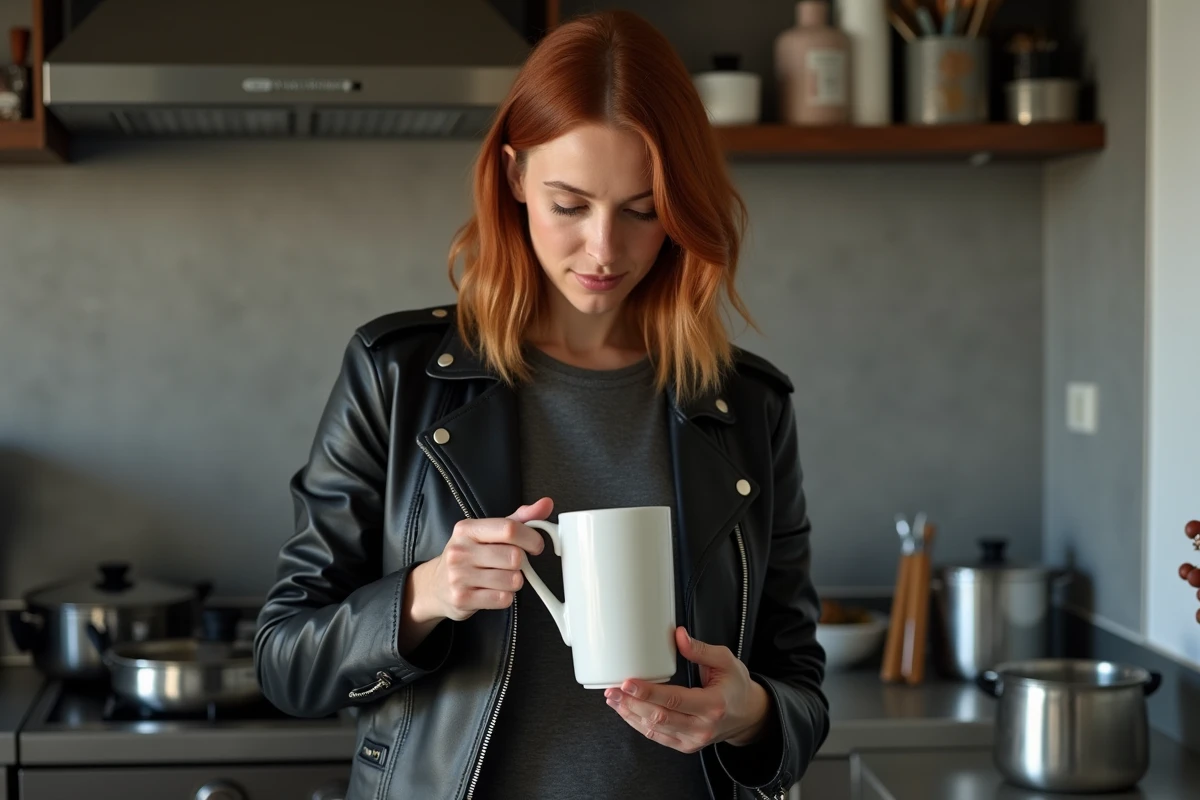 Femme en cuir noir verse du thé dans une cuisine moderne et fonctionnelle