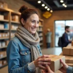 Femme souriante déposant un colis dans un point relais