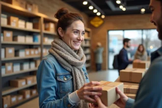 Femme souriante déposant un colis dans un point relais