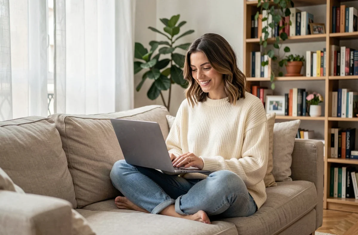 Femme à son domicile rédigeant son premier message sur un site de rencontre gratuit sans inscription sur son ordinateur portable