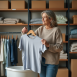 Femme en jeans et pull tenant un vieux T-shirt près d'une benne à dons