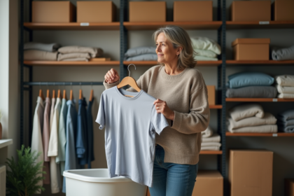 Femme en jeans et pull tenant un vieux T-shirt près d'une benne à dons