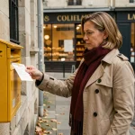 Femme glissant une lettre suivie dans une boîte aux lettres La Poste jaune dans une rue française