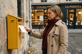 Femme glissant une lettre suivie dans une boîte aux lettres La Poste jaune dans une rue française
