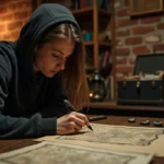 Jeune femme concentrée résolvant des énigmes dans une salle d'escape room avec notes et pièces de puzzle éparpillées