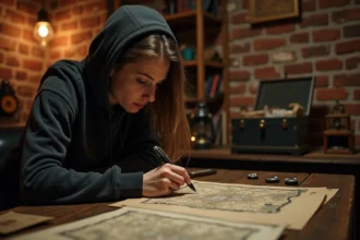 Jeune femme concentrée résolvant des énigmes dans une salle d'escape room avec notes et pièces de puzzle éparpillées