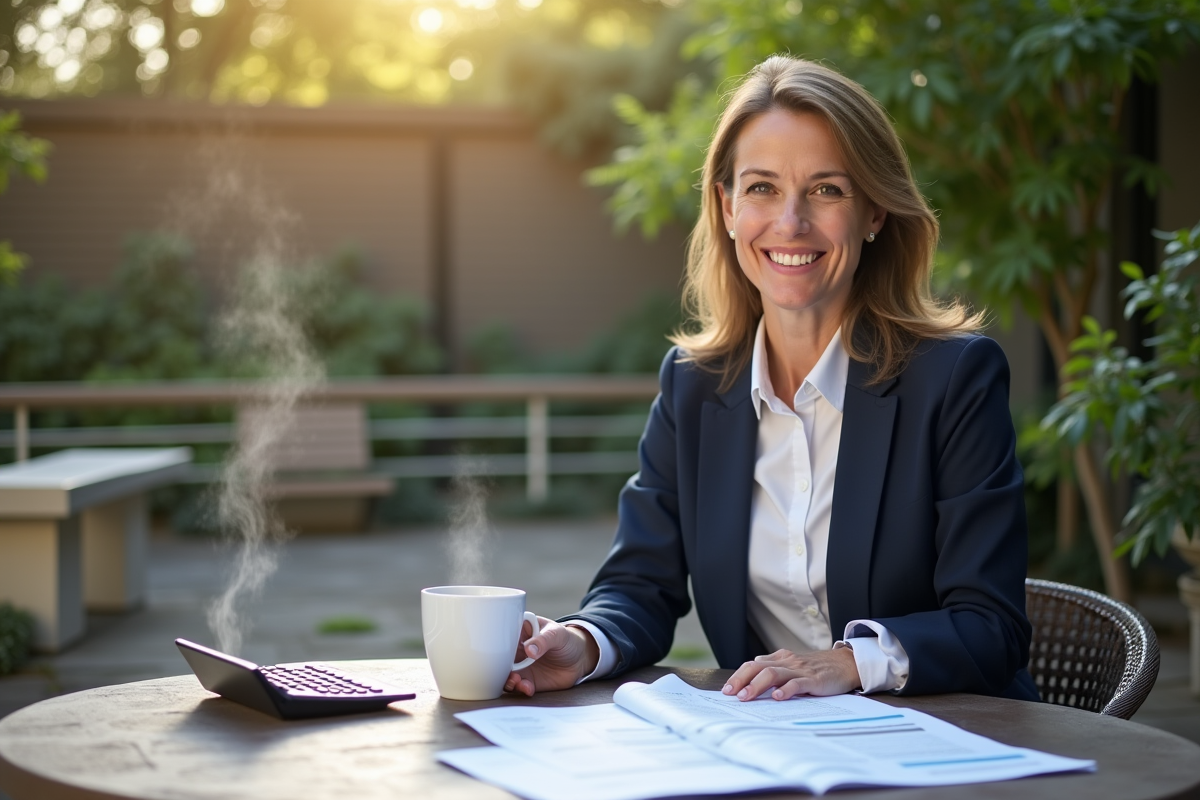 Femme souriante dehors avec documents et calculatrice
