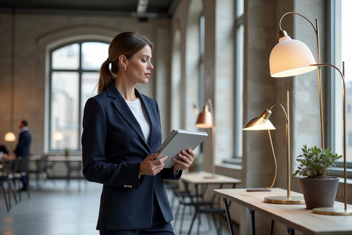 Femme française en costume observant des lampes design dans un loft