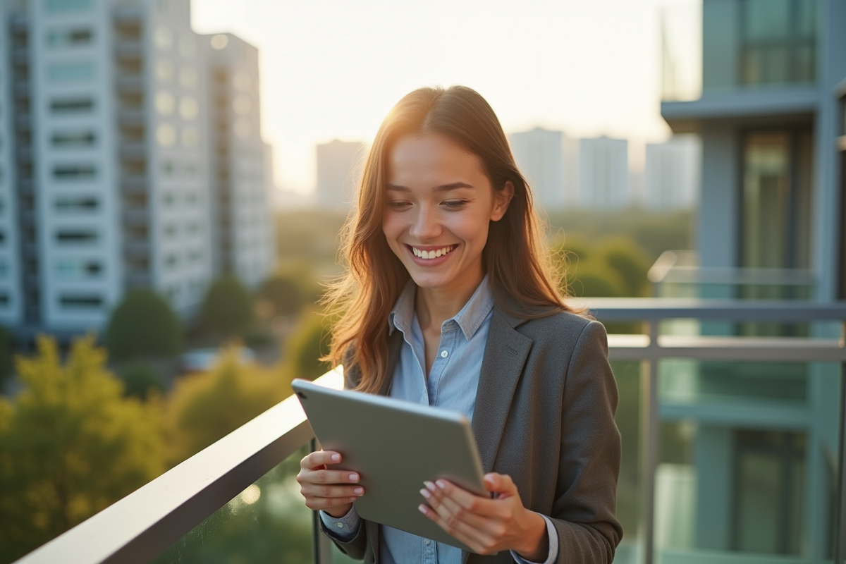 Jeune femme souriante avec tablette affichant un graphique financier