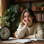 Femme contemplant une horloge analogique affichant 14h14 dans un bureau cosy, symbolisant la loi de l'attraction et les heures miroirs