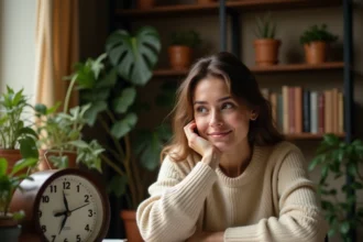 Femme contemplant une horloge analogique affichant 14h14 dans un bureau cosy, symbolisant la loi de l'attraction et les heures miroirs