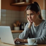 Femme inquiète devant son ordinateur portable consultant une annonce suspecte sur un site de petites annonces type Bon Coin