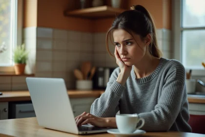 Femme inquiète devant son ordinateur portable consultant une annonce suspecte sur un site de petites annonces type Bon Coin