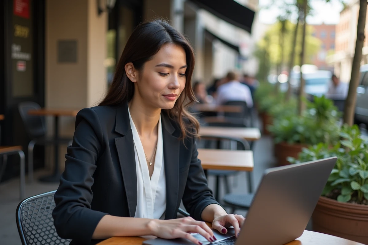Jeune femme investisseuse analysant des graphiques au café