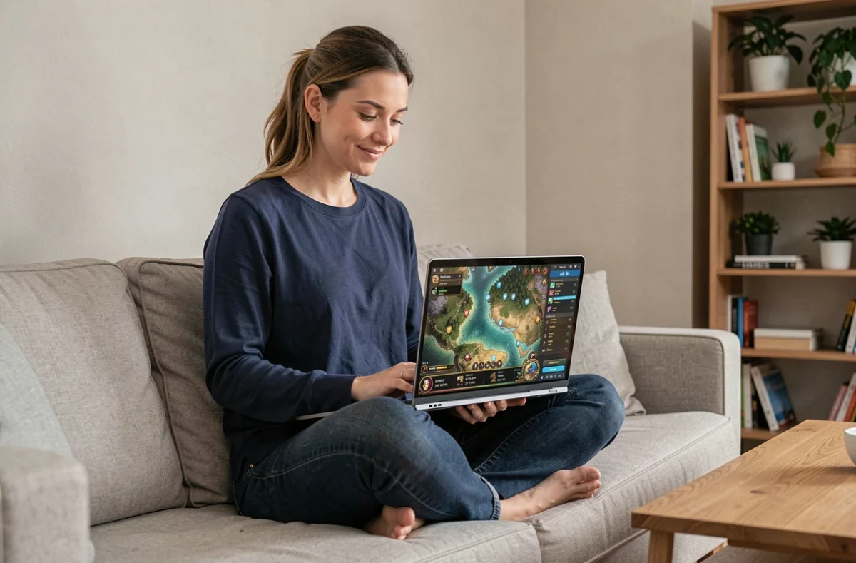 Femme adulte jouant à un MMORPG sur ordinateur portable depuis son salon, méthode détendue pour gérer la crise sanitaire dans Dofus
