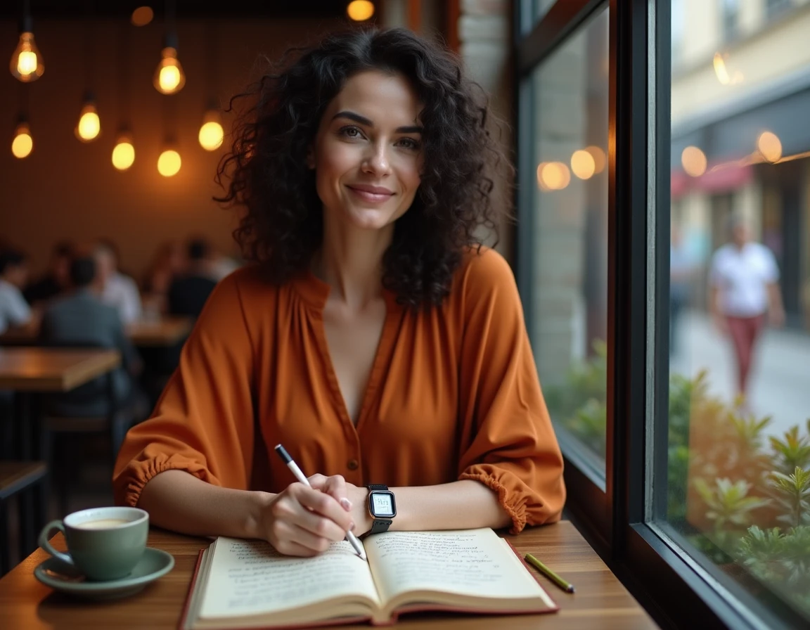 Femme écrivant des affirmations dans un journal en cuir dans un café urbain avec une montre indiquant 14h14, en lien avec la signification des heures miroirs et la loi de l'attraction