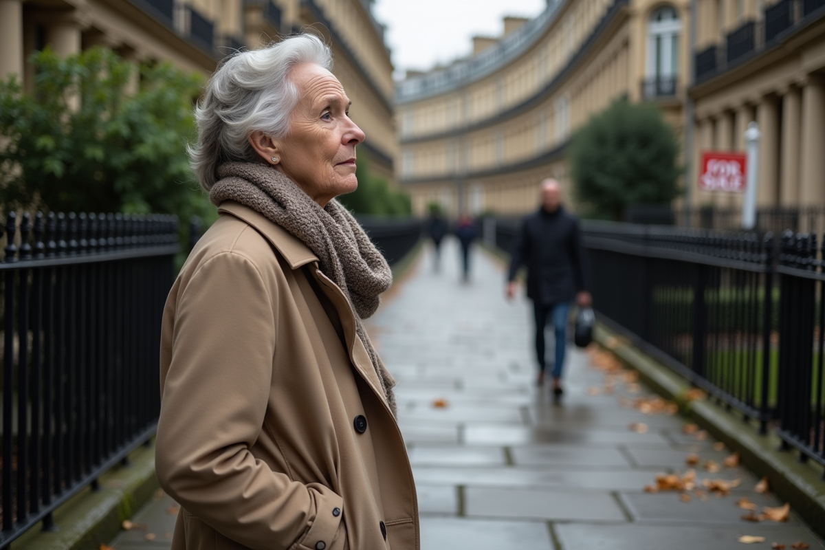 Femme mature devant maisons en pierre avec panneau vente