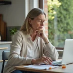 Femme française étudiant des boîtes de médicaments dans la cuisine