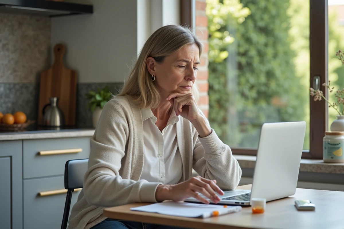 Femme française étudiant des boîtes de médicaments dans la cuisine