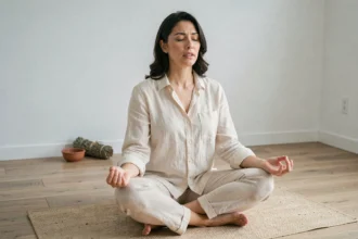 Femme en méditation yeux fermés expérimentant un flash lumineux intérieur en spiritualité