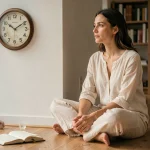 Femme méditant devant une horloge affichant 23h23, symbolisant la synchronicité des flammes jumelles