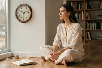 Femme méditant devant une horloge affichant 23h23, symbolisant la synchronicité des flammes jumelles