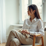 Jeune femme en blanc et beige dans un appartement moderne