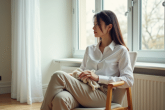 Jeune femme en blanc et beige dans un appartement moderne