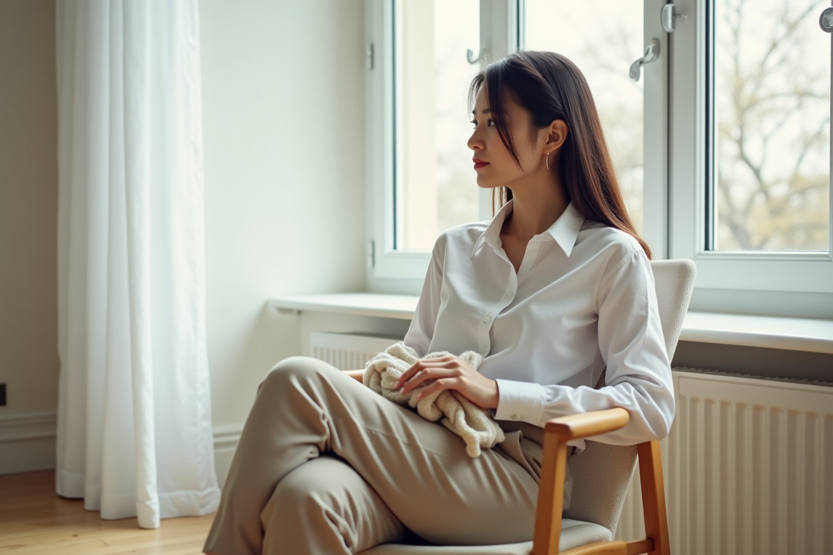 Jeune femme en blanc et beige dans un appartement moderne
