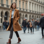 Jeune femme élégante marche dans une ville européenne