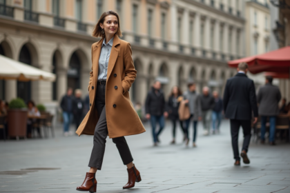 Jeune femme élégante marche dans une ville européenne