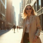 Femme élégante marchant dans une ville moderne ensoleillée