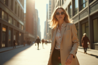 Femme élégante marchant dans une ville moderne ensoleillée