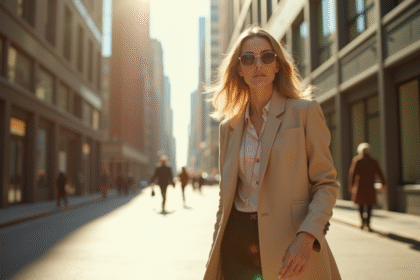 Femme élégante marchant dans une ville moderne ensoleillée