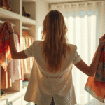 Femme élégante devant un vestiaire lumineux avec foulard et blazer