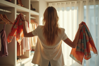 Femme élégante devant un vestiaire lumineux avec foulard et blazer