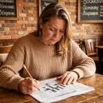 Femme concentrée sur une grille de mots croisés dans un café serbe au décor en briques apparentes