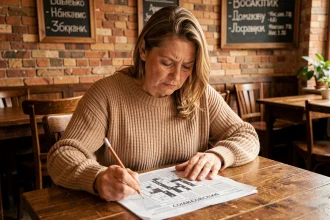 Femme concentrée sur une grille de mots croisés dans un café serbe au décor en briques apparentes