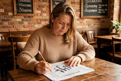 Femme concentrée sur une grille de mots croisés dans un café serbe au décor en briques apparentes