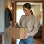 Femme ouvre un colis dans son entrée à la maison
