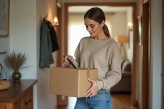Femme ouvre un colis dans son entrée à la maison