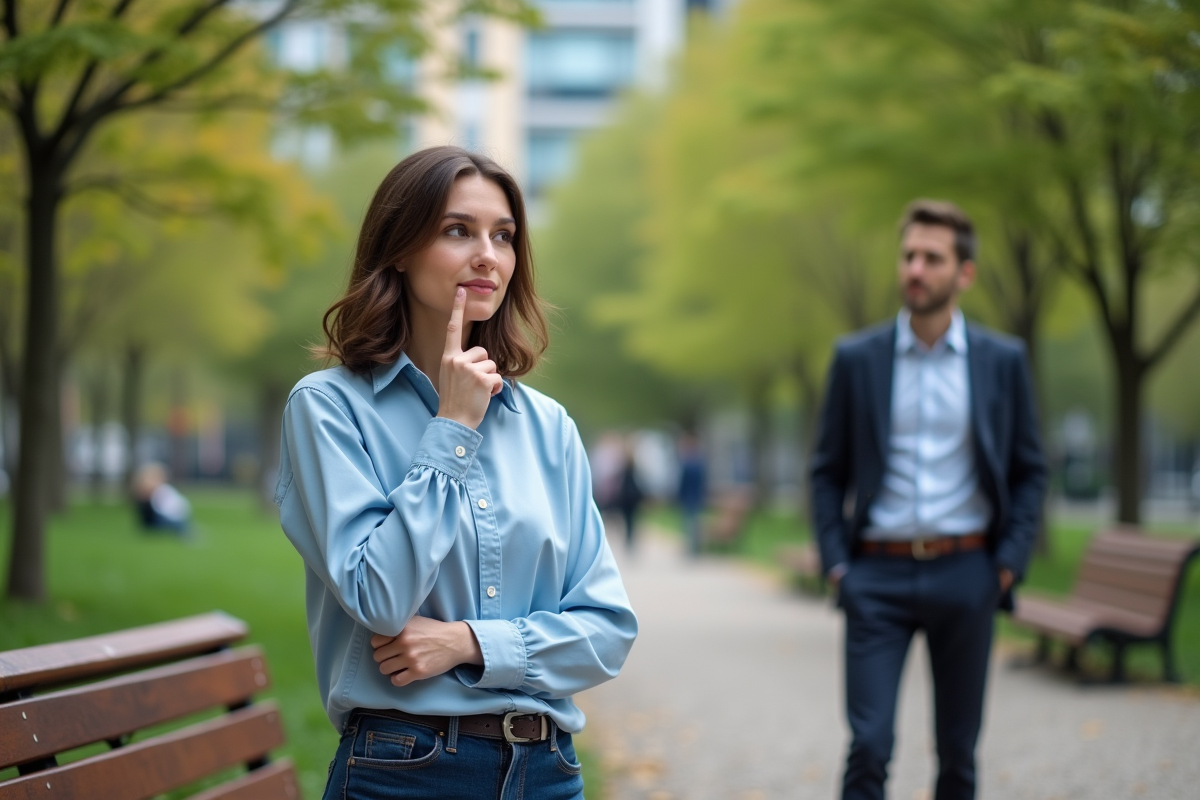Femme en blouse bleue parle avec un homme dans un parc urbain