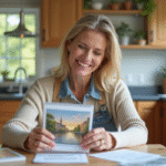 Femme souriante compare deux kits de peinture par numéros dans la cuisine