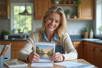 Femme souriante compare deux kits de peinture par numéros dans la cuisine