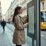 Femme consultant un plan de ligne de tramway à un arrêt moderne de Nantes, panneau numérique visible en arrière-plan