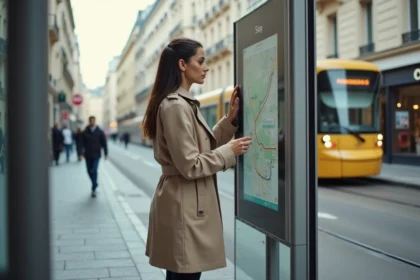 Femme consultant un plan de ligne de tramway à un arrêt moderne de Nantes, panneau numérique visible en arrière-plan