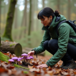 Femme en randonnée observant des champignons violets dans la forêt