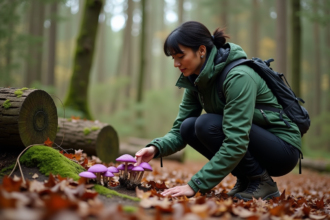 Femme en randonnée observant des champignons violets dans la forêt