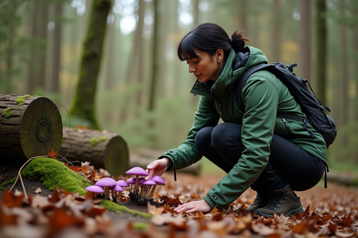 Femme en randonnée observant des champignons violets dans la forêt